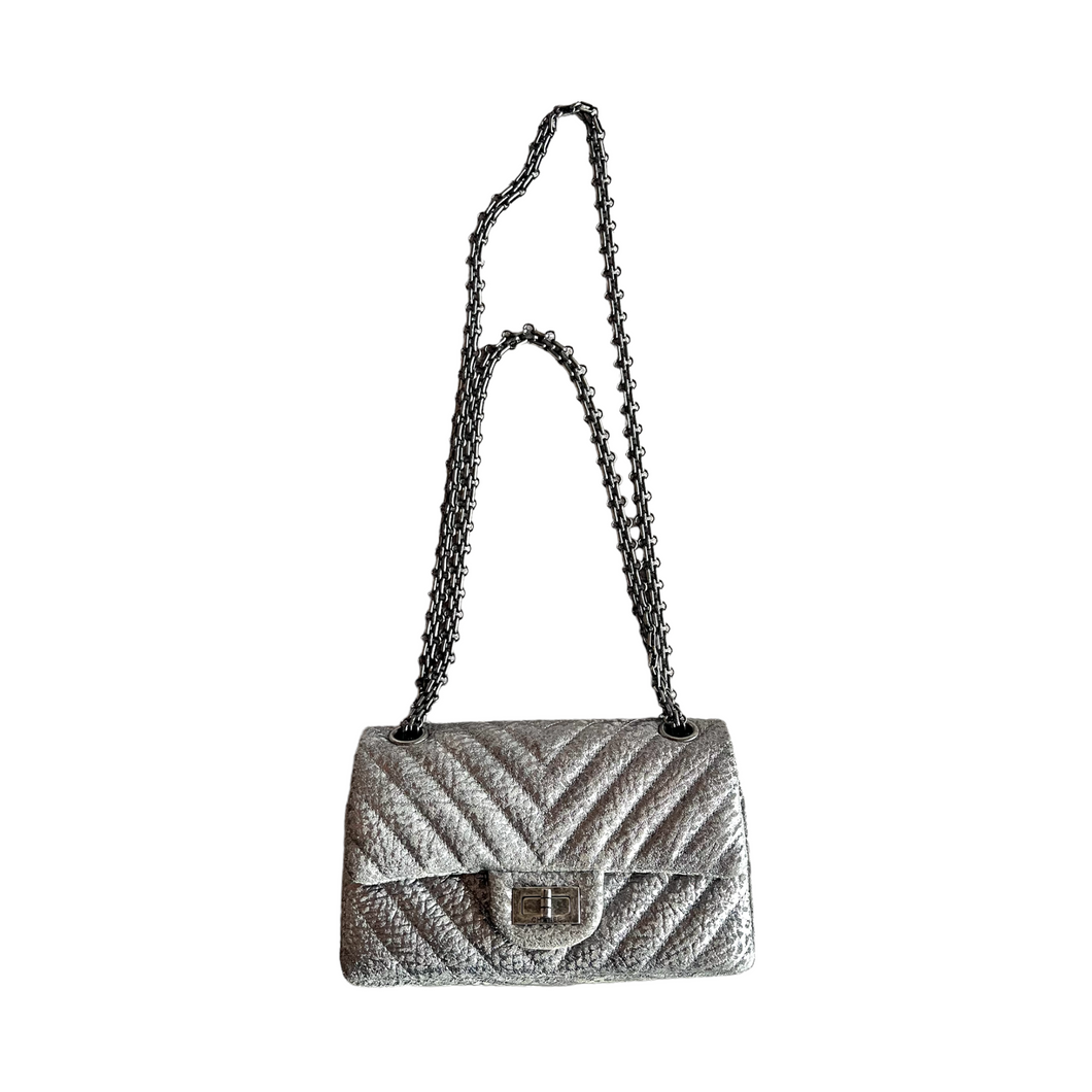 CHANEL 2.55 silver flap bag